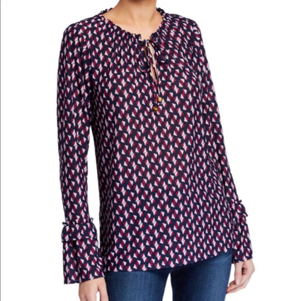 Michael Kors Tie Neck Long Sleeve Ruffle Cuff  Geometric Print Top Blouse NWT